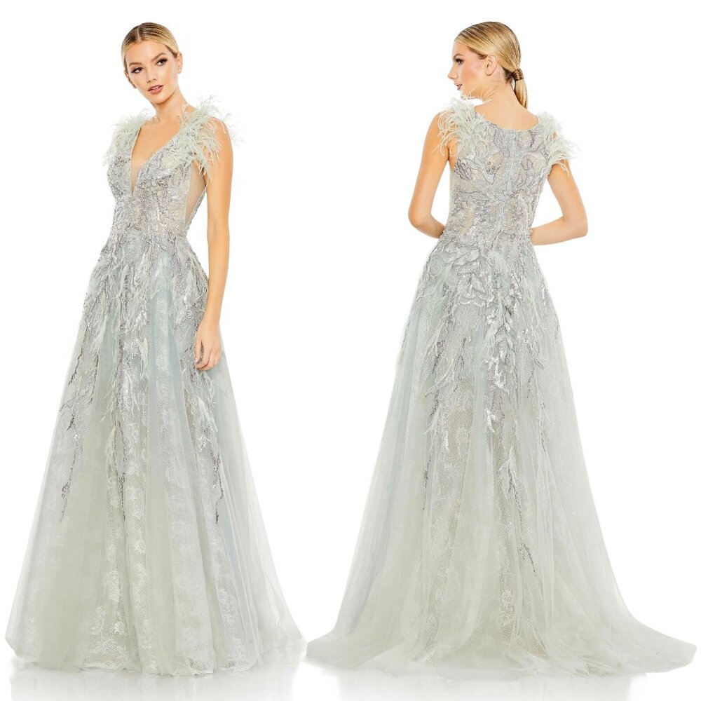 MAC DUGGAL | EMBELLISHED FEATHERED SLEEVELESS A LINE GOWN 20259